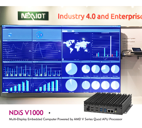 NEXCOM's NDiS V1000 powerful 4K digital signage player, with 4 video ports supporting 4 displays